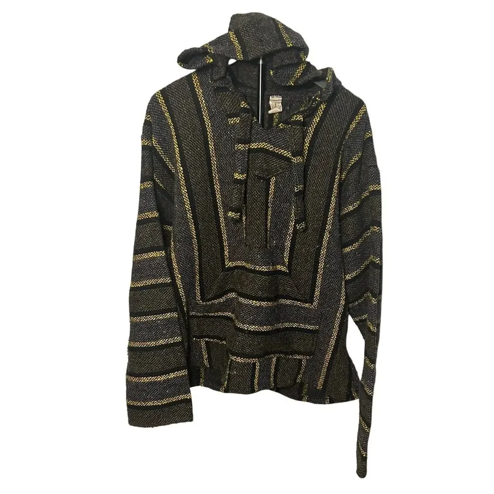 VTG Molina Baja Hoodie Charcoal Grey Yellow Striped Mexican Rug Hoodie Gorpcore